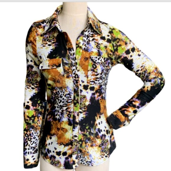 BCBGMAXAZRIA Mystical Leopard Print Top Sz S #28F - Picture 1 of 9